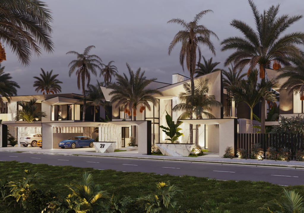 Modern UAE villas surrounded by palm trees
