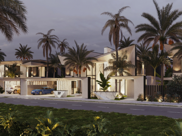 Modern UAE villas surrounded by palm trees